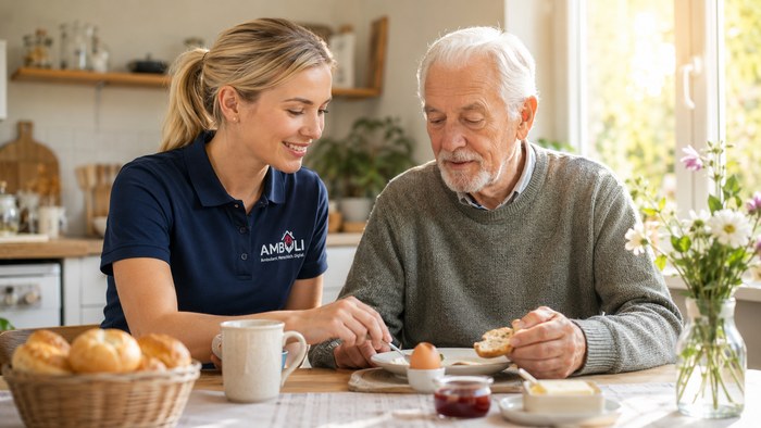 Pflegerin unterstützt älteren Herrn beim gemeinsamen Frühstück